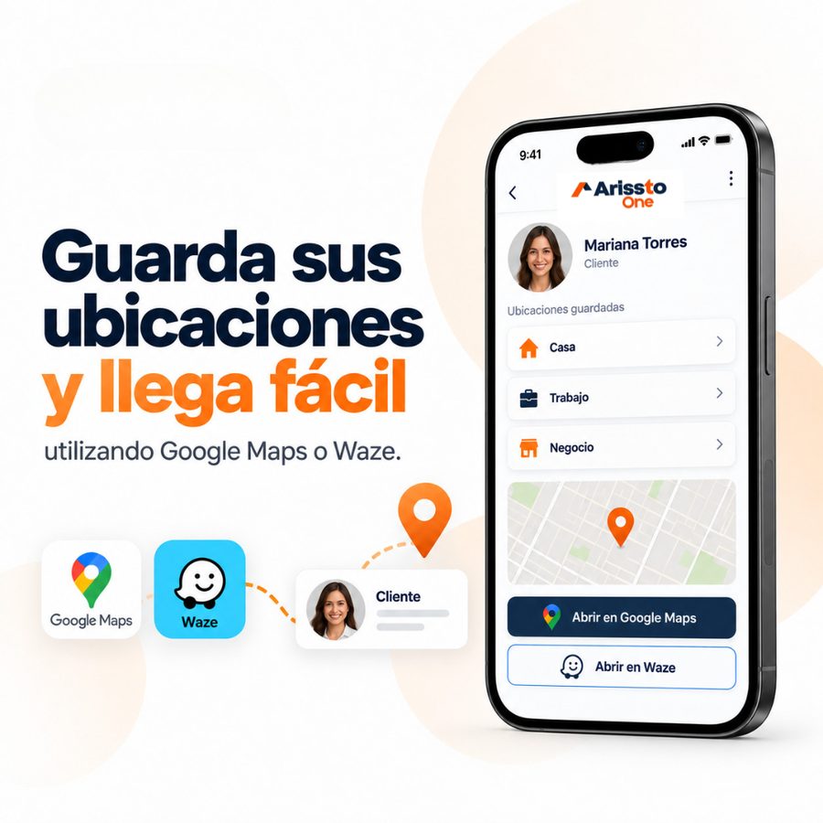 Guarda sus ubicaciones y llega fácil usando Google Maps o Waze: pantalla con las ubicaciones guardadas de una clienta (casa, trabajo y negocio) y los botones para abrirlas en Google Maps o en Waze.